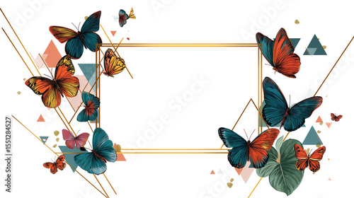 Colorful Butterfly Frame with Geometric Elements on Transparent Background