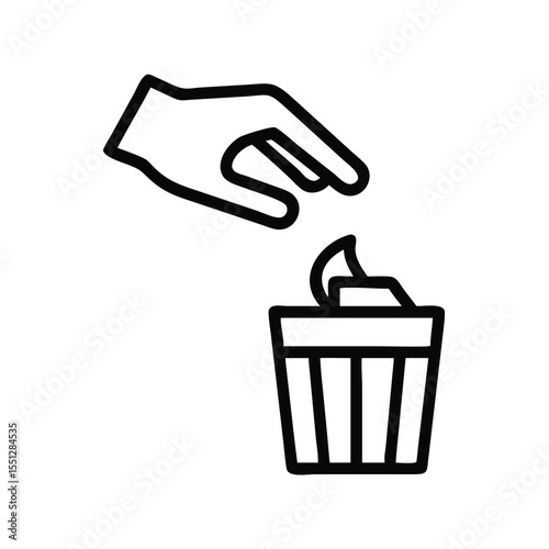 Hand throwing trash in bin vector icon illustration, waste disposal and management, garbage recycle concept icon