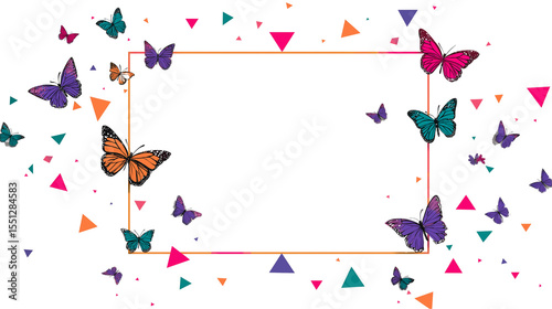 Colorful Butterfly Border Frame with Abstract Triangles on Transparent Background