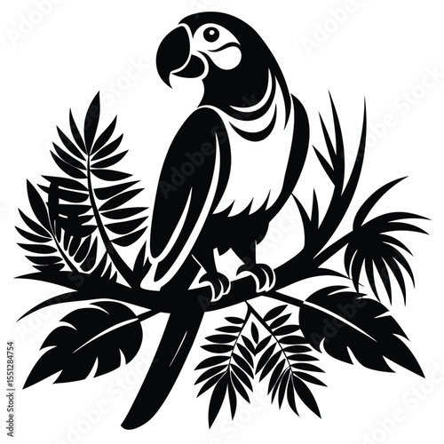 Black Silhouette Parrot Tropical Bird Perched on Branch with Palm Leaves Stylized Illustration