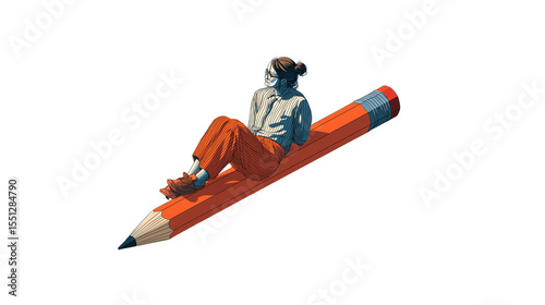 Creative Woman Sitting on Giant Pencil Concept Illustration on Transparent Background