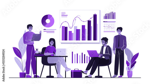 Business Team Analyzing Data and Charts in Office on Transparent Background