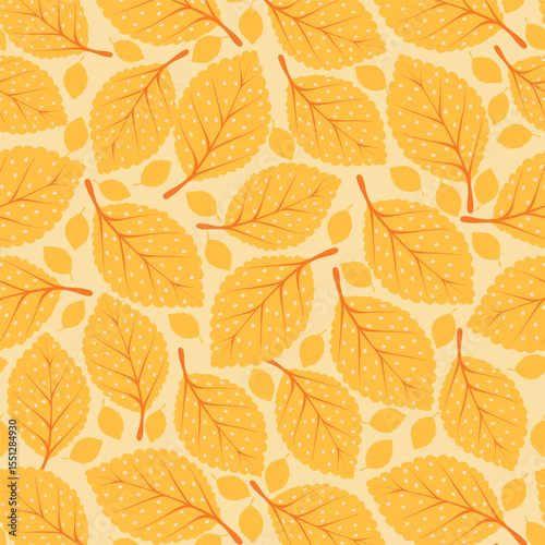 Golden Yellow Leaves on Soft Beige Background. Repeatable fall nature pattern. Simple and elegant autumn foliage background perfect for cards, patterns, print, web