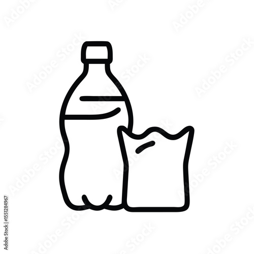 Water bottle and bag icon vector illustration, drink container and package outline design, simple line art
