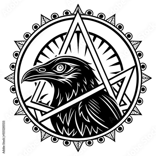 detailed black and white illustration of a raven head in a geometric circular frame, intricate ornamental design, mystical occult symbols, zentangle, highly detailed, digital art

