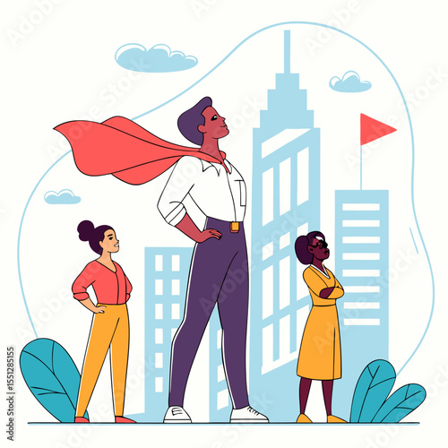 Empowered female leadership team standing tall in a city's dynamic skyline