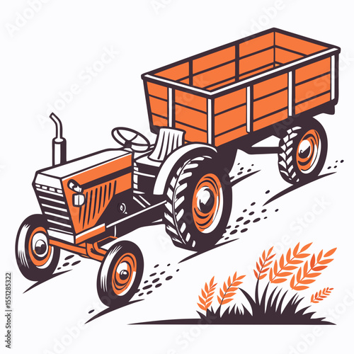 Vintage tractor illustration with wagon on rural road in minimalist style