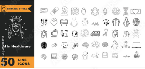 AI in Healthcare Vector Outline Icons Set – Robot Surgery, AI Diagnosis, Smart Pill, Heart Monitor, Virtual Nurse