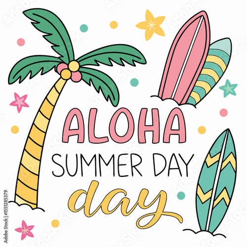 Vibrant Aloha Summer Day Illustration with Tropical Elements and Surfboards