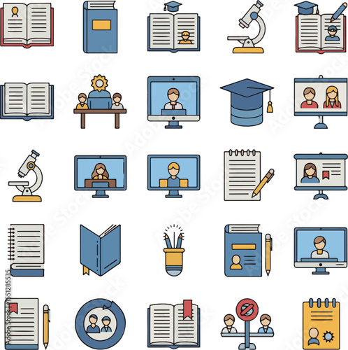 Collection of Colorful Line Art Icons Depicting Education Science Research and Online Learning Concepts Including Books