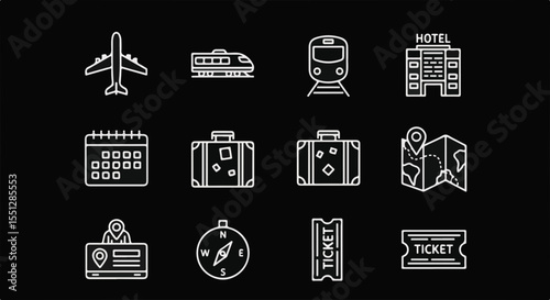 Travel-themed icons set on black background