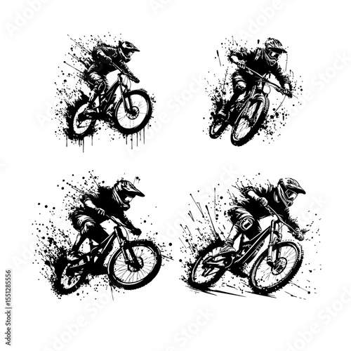 Downhill mountain biker Silhouette Grunge Splatter and Dripping Spray Effects