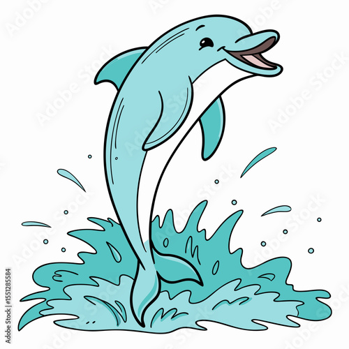 Joyful aquatic creature leaps from playful ocean waves, cartoon illustration