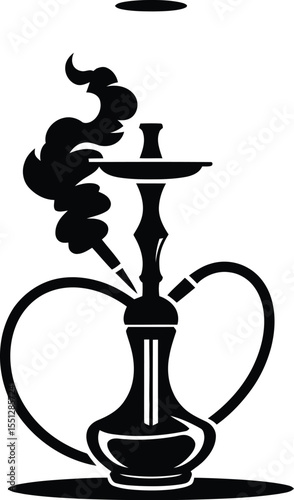 Traditional Hookah Silhouette Illustration Featuring a Classic Water Pipe Design with Dual Hoses and Rising Smoke—Showcasing a Tall Stem, Ornate Bowl, and Broad Base in Crisp Black-and-White Contrast