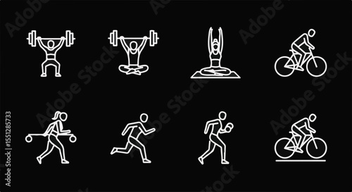 Fitness icons set on black background