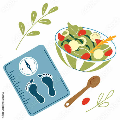 Visual representation of balanced diet, monitoring weight for healthy living habits