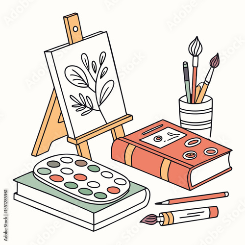 Artistic scene showcasing painting easel, books, color palette, and brush collection