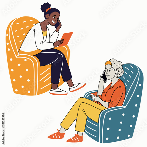 Diverse women connecting remotely in vibrant, patterned armchairs conversation