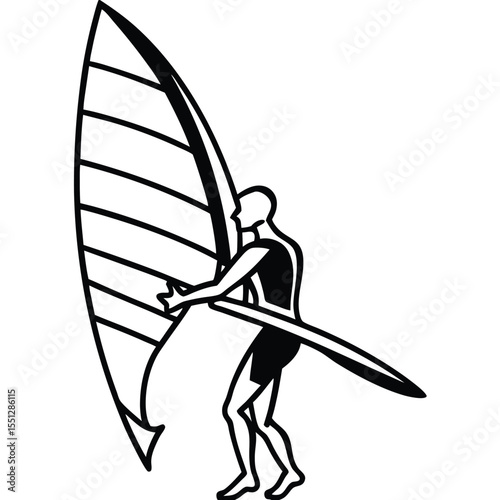 Windsurfer Silhouette Black White Striped Sailboard Water Sport Action Graphic windsurfing