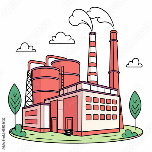Stylized depiction of an industrial factory complex spewing smoke cartoon design