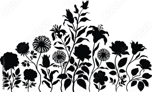 Botanical Silhouette Collection Featuring Fifteen Unique Flower and Leaf Designs—Rendered in Crisp Black Against White for High-Contrast Clarity—Including Iconic Blooms Like Tulips, Daisies,