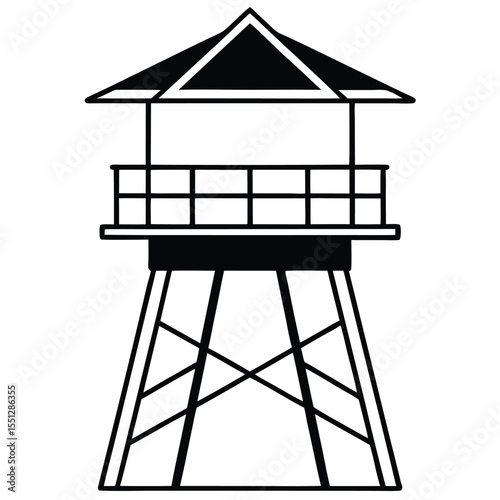 Black and White Illustration of a Triangular Roofed Lookout Tower observation