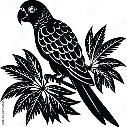 Black and White Parrot Silhouette Perched on Tropical Leaves Detailed Illustration