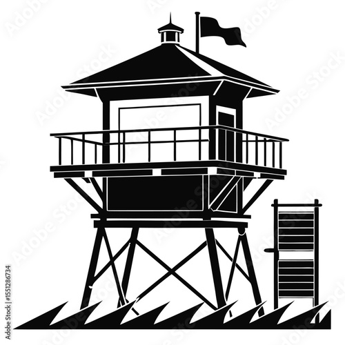 Black and White Silhouette of a Lifeguard Tower on Beach with Ladder ocean