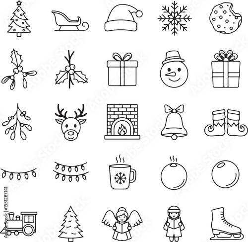 Collection of Twenty Six Black and White Christmas Icons Including Trees Sleigh Santa Hat Snowflake Cookie Mistletoe Presents