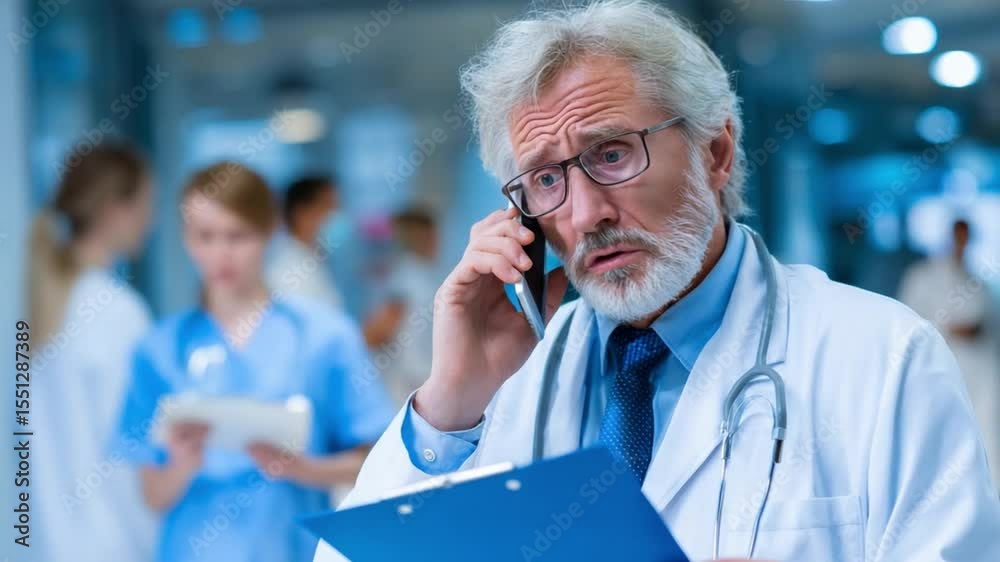 Doctor's Urgent Communication: A seasoned doctor, immersed in a critical phone call, holds a medical chart in a well-lit hospital corridor.