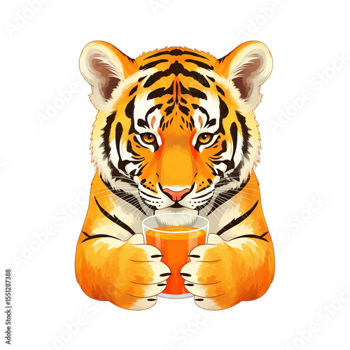Cute tiger drinking orange juice on white background