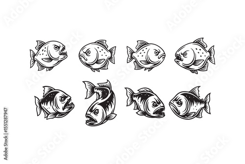 Intense piranha fish set in vintage engraved style for logo, emblem or print design projects requiring an edgy, predatory aquatic animal element