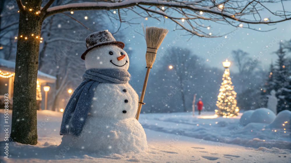 Obraz premium Charming Snowman with Broom, Festive Winter Night, Christmas Lights, Snowfall