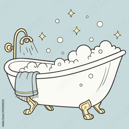 Stylized bathtub illustration with foam bubbles and showering water sparkling