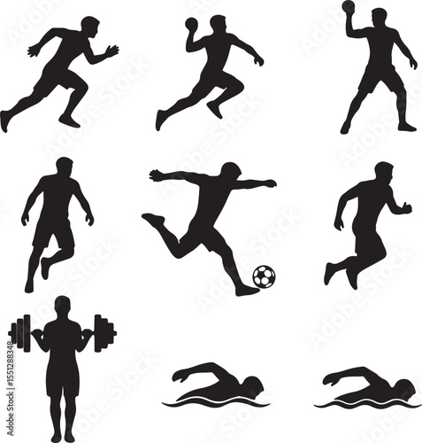 Nine Black Silhouettes of Male Athletes Engaging in Various Sports Activities Including Running Jumping Throwing Weightlifting and