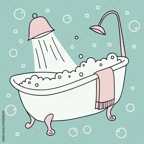 Whimsical bathroom relaxation: A cartoon bathtub brimming with bubbles illustration