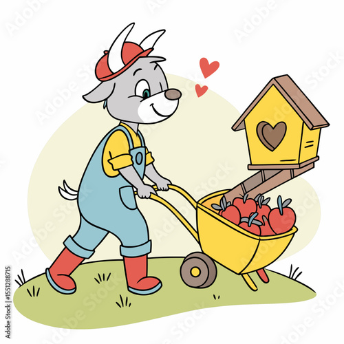 Cartoon goat farmer delivering birdhouse and apples with love to a new home