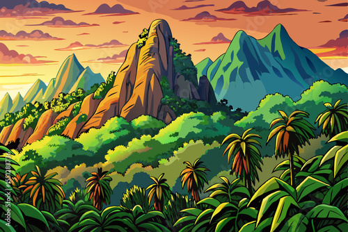 Tropical mountain range with dense jungle covered slopes vector, ideal for exotic landscapes, adventure themes, and lush wilderness design elements