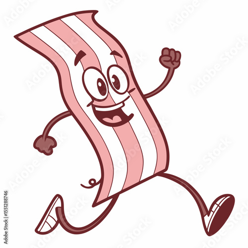 Cartoon bacon strip character happily running, a playful and appetizing illustration