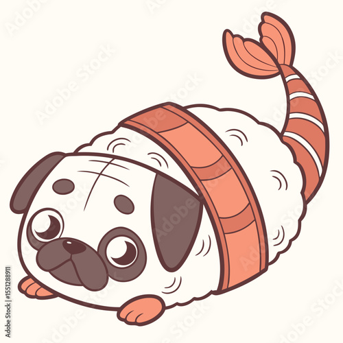 Playful Pug Fusion: An Adorable Canine-Sushi Hybrid Character Illustration