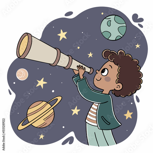 Boy explores the cosmos with telescope, planets, stars, space adventure