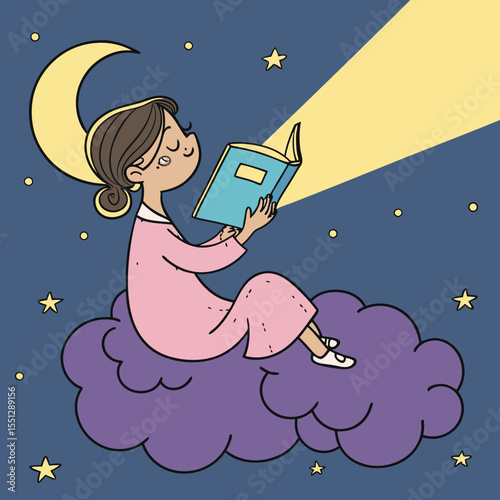 Dreamy bedtime reading: A serene night scene with a girl on a cloud