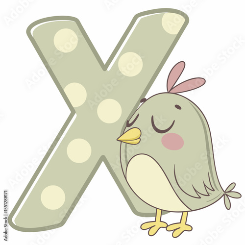 Whimsical letter X and sleepy bird illustration for children learning resources