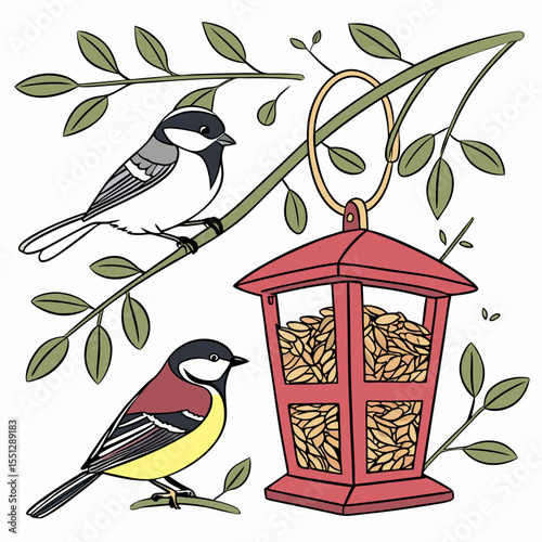 Birds and Feeder on Branch Illustration with Delicate Line Work and Flat Color