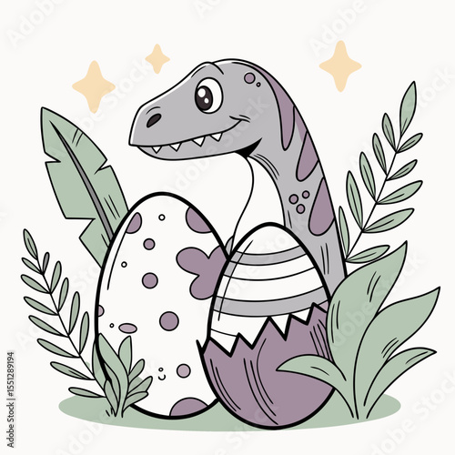 Cartoon dinosaur surrounded by tropical foliage and speckled hatching eggs
