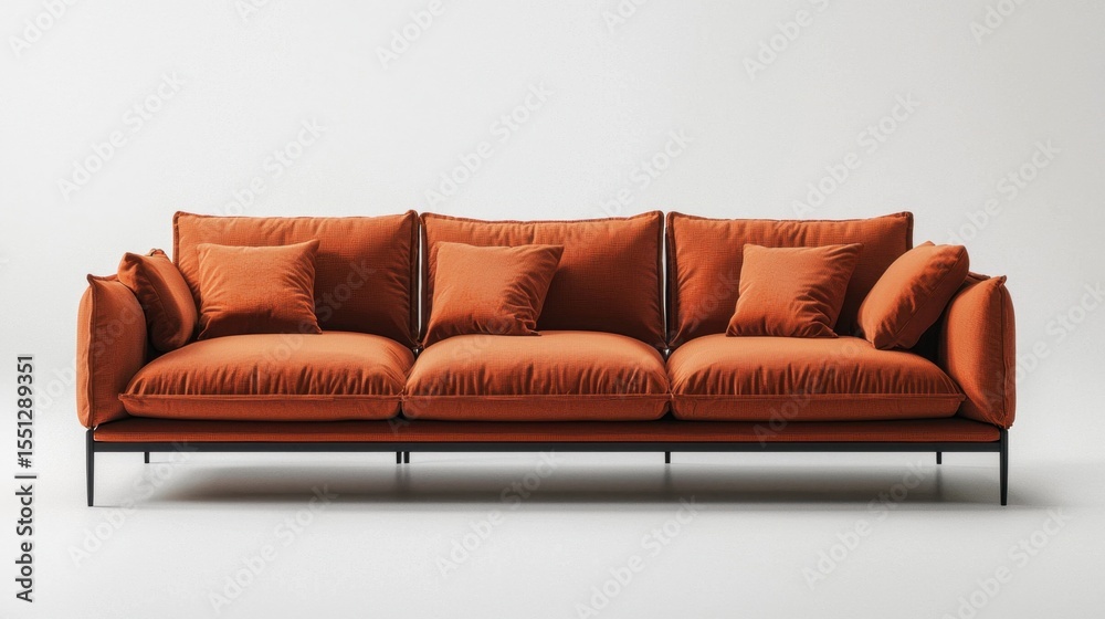 Fototapeta premium Cozy orange sofa with plush cushions positioned against a plain background in a contemporary interior setting