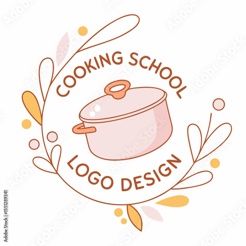 Pastel cooking school emblem featuring stylized pot and floral elements