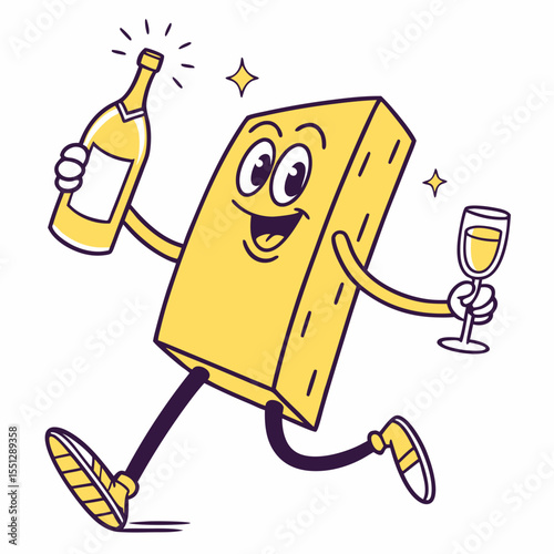 Animated celebration: block character joyfully carries wine and a wine glass