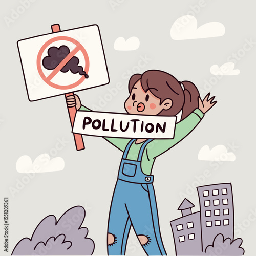 Cartoon girl protesting pollution with hand-drawn signage against urban smokestacks