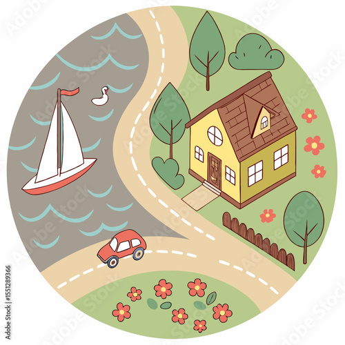 Idyllic cartoon landscape featuring a house beside a lake with sailboat and car